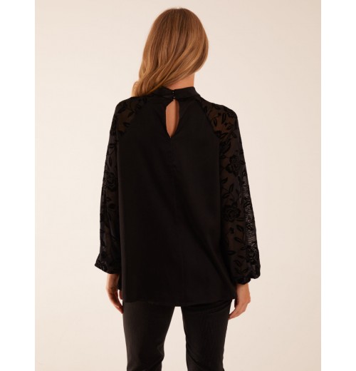 High Neck Flocked Sleeve Top